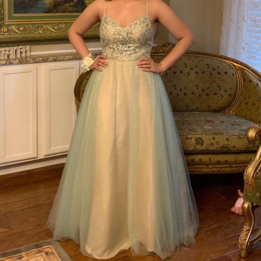 A gorgeous prom dress, ball gown, color: turquoise and beige. Beautifully beaded